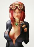  1girl black_gloves bodysuit breasts character_request cleavage female fingerless_gloves gloves goggles grey_eyes jewelry large_breasts looking_at_viewer nail_polish necklace one3four! pink_hair pink_nails solo white_background 