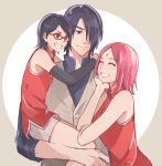  1boy 2girls arm_warmers black_hair carrying facial_mark family forehead_mark glasses hair_over_one_eye happy haruno_sakura multiple_girls naruto naruto_gaiden pink_hair simple_background smile uchiha_sarada uchiha_sasuke warable 