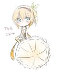  1girl bare_shoulders blue_eyes blush chibi choker dress edna_(tales) gloves hair_ornament hairband orange_hair ribbon side_ponytail simple_background tales_of_(series) tales_of_zestiria umbrella 