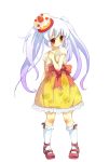  1girl blush bow brown_eyes cake child dress food hantoumei_namako hat purple_hair ribbon shoes simple_background socks solo strawberry top_hat twintails white_background 