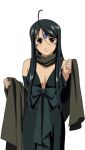  1girl aa_megami-sama ahoge bare_shoulders black_hair blush breasts brown_eyes cleavage dress earring facial_mark forehead_mark goddess simple_background skuld smile solo 