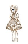  1girl amputee bag bangs bare_legs blue_eyes book bow cyclops dress eyeball frog hair_ornament hantoumei_namako high_heels monochrome no_arms one-eyed parted_bangs shoes short_hair shoulder_bag simple_background smile solo white_background 