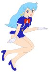  1girl 90s absurdres aqua_hair blue_shoes breasts dress female gloves hat highres hips legs legs_crossed long_hair no_panties photoshop shoes short_dress simple_background smile solo stewardess tenjouin_katsura thighs vector_trace violet_eyes white_gloves yat_anshin_uchuu_ryokou 