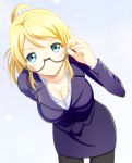  1girl ayase_eli bespectacled blonde_hair blue_eyes breasts cleavage glasses gradient gradient_background hati_(19870119hy) looking_at_viewer love_live! love_live!_school_idol_project ponytail smile 