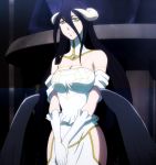  1girl albedo bare_shoulders black_hair breasts cleavage demon demon_girl dress female gloves highres hip_vent horns large_breasts long_hair looking_at_viewer overlord_(maruyama) purple_hair screencap solo stitched succubus wings yellow_eyes 