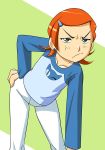  1girl angry ben_10 blush cartoon_network female green_eyes gwendolyn_tennyson hair_ornament hikawadou looking_at_viewer orange_hair serious shirt short_hair simple_background solo 