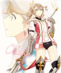  alisha_diphda aqua_eyes armor belt boots breasts brown_hair character_name earrings gloves gradient gradient_background hair_ornament hat jacket jewelry long_hair open_mouth princess ribbon short_shorts shorts side_ponytail smile spear tales_of_(series) tales_of_zestiria weapon 