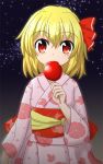  1girl alternate_costume blush candy_apple eating floral_print gradient gradient_background hair_ribbon japanese_clothes kimono long_sleeves looking_at_viewer obi red_eyes ribbon rumia sash sky solo star_(sky) starry_sky teoi_(good_chaos) touhou wide_sleeves 