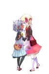  2girls ahoge bag blonde_hair blue_eyes blush bow brown_eyes child dark_skin dress grey_hair hairband hantoumei_namako multiple_girls open_mouth pale_skin ribbon shoes short_hair shoulder_bag simple_background socks tug twintails uwabaki white_background yuri 