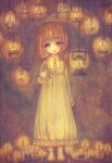  1girl barefoot blonde_hair blush bow candle child gradient gradient_background hantoumei_namako lantern nightgown open_mouth price_tag solo twintails yellow_eyes 