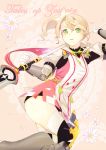  1girl alisha_diphda armor belt boots breasts brown_hair flower gloves green_eyes hair_ornament jacket long_hair open_mouth ribbon see-through short_shorts shorts side_ponytail simple_background spear tales_of_(series) tales_of_zestiria thigh-highs weapon 
