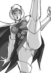  1girl boots cape female gatchaman gloves helmet hikawadou jun_the_swan kicking lips monochrome panties pantyshot simple_background solo thigh-highs underwear 