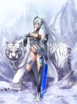  1girl animal armor breasts cat closed_mouth female gauntlets hair_ornament holding holding_sword holding_weapon jewelry long_hair looking_at_viewer midriff navel original ponytail smile solo sword weapon white_hair yazuo yazuwo 