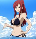  1girl a-1_pictures bikini breasts brown_eyes cleavage clouds cute erza_scarlet fairy_tail female gradient gradient_background highres kodansha large_breasts long_hair navel partially_submerged ponytail redhead screencap sexy solo stitched summer swimsuit tattoo waves 
