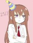  1girl :t blush brown_hair crossed_arms hat labcoat long_hair makise_kurisu necktie party_hat pink_background pout simple_background steins;gate tagicrabbu violet_eyes 
