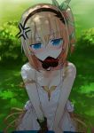  1girl akitaka_(pixiv12739753) anger_vein bare_shoulders blonde_hair blue_eyes blush breasts chocolate choker cleavage dress edna_(tales) gloves grass hair_ornament hairband looking_at_viewer mouth_hold nature outdoors short_hair side_ponytail solo strap_slip tales_of_(series) tales_of_zestiria umbrella valentine white_dress 