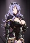  1girl breasts camilla_(fire_emblem_if) cleavage daniel_macgregor dark_background female fire_emblem fire_emblem_if gradient gradient_background hair_over_one_eye large_breasts lavender_eyes long_hair purple_hair solo 