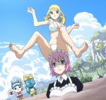 2girls barefoot bikini blonde_hair blue_eyes blush breasts brown_eyes carla cleavage fairy_tail feet female full_body happy_(fairy_tail) highres large_breasts lucy_heartfilia maid maid_headdress multiple_girls nature outdoors pink_hair screencap sky stitched swimsuit virgo_(fairy_tail)