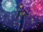  1girl blush breasts fan fireworks fish gradient gradient_background itsuwa_itsuwa japanese_clothes kimono long_hair night open_mouth pink_eyes purple_hair sandals tokyo_ravens tsuchimikado_natsume 