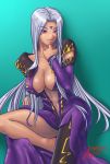  1girl aa_megami-sama breasts cleavage dark_skin facial_mark female forehead_mark goddess gradient gradient_background large_breasts solo urd violet_eyes white_hair 