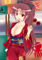  1girl bow breasts cleavage fang hair_bow highres japanese_clothes kimono large_breasts long_hair mahou_shoujo_madoka_magica red_eyes redhead sakura_kyouko very_long_hair 