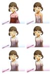  1girl blush brown_eyes brown_hair closed_eyes concept_art doujima_nanako gradient gradient_background looking_at_viewer official_art persona persona_4 text towel translation_request 