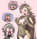  2girls ahoge artist_name black_panties blue_hair blush breasts brown_hair cape center_opening circlet cleavage cslucaris female fire_emblem fire_emblem_if full-face_blush gloves grey_hair hairband heart long_hair multiple_girls naughty_face nintendo o_o open_mouth ophelia_(fire_emblem_if) panties personality_switch simple_background soleil_(fire_emblem_if) tears underwear white_gloves yuri 