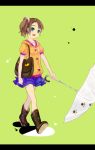  1girl bag bangs blue_eyes boots border brown_hair child collarbone green_background hantoumei_namako open_mouth parted_bangs ponytail rubber_boots scrunchie short_sleeves shoulder_bag side_ponytail simple_background skirt smile solo umbrella 