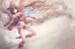  1girl ahri animal_ears brown_hair erect_nipples gradient gradient_background jay_xu kneehighs league_of_legends long_hair magic multiple_tails tail yellow_eyes 