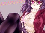 1girl breasts cleavage cleavage_cutout coat glasses grey_background long_hair open-chest_sweater pink_eyes polka_dot polka_dot_background purple_hair simple_background sweater thigh-highs tokyo_ravens tsuchimikado_natsume yuzusei_(empty) 