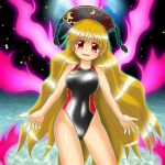  1girl blonde_hair blush breasts competition_swimsuit hat highleg highleg_swimsuit junko_(touhou) legacy_of_lunatic_kingdom long_hair one-piece_swimsuit red_eyes shiny shiny_clothes smile solo swimsuit touhou very_long_hair winn 