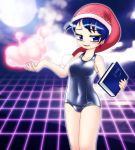  1girl blue_eyes blue_hair blush book breasts commentary_request doremy_sweet dream_soul glaring hat jitome looking_at_viewer nightcap school_swimsuit shiny shiny_clothes short_hair smile solo standing swimsuit touhou winn 