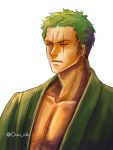  1boy earrings green_hair jewelry male_focus muscle one-eyed one_piece open_collar roronoa_zoro simple_background solo yellow_eyes 