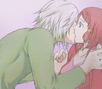  1boy 1girl blue_eyes breasts dezel_(tales) grey_hair hair_ornament kiss multicolored_hair pink_background redhead rose_(tales) short_hair simple_background tales_of_(series) tales_of_zestiria 