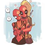  2girls bodysuit deadpool gradient gradient_background heart hug ina_(sldasl) lady_deadpool marvel mask multiple_girls ponytail spider-girl yuri 