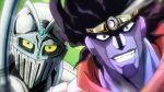  2boys armor black_hair blue_eyes face gradient gradient_background jojo_no_kimyou_na_bouken looking_at_viewer male_focus multiple_boys no_ears no_humans nose rapier scarf shoulder_pads silver_chariot stand_(jojo) star_platinum sword yellow_eyes 