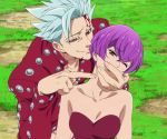  1boy 1girl aqua_hair arm ban_(nanatsu_no_taizai) bare_shoulders blood breasts brown_eyes collarbone covering covering_mouth from_behind head_tilt looking_at_viewer middle_finger nanatsu_no_taizai naughty_face neck one_eye_closed open_mouth poking purple_hair red_eyes screencap short_hair silver_hair smile spiky_hair stitched strapless sweatdrop veronica_liones wince 
