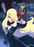  00s 1girl blonde_hair breasts claws cleavage dragon fangs female garchomp gradient gradient_background long_hair lowres nintendo official_art pokemon pokemon_(game) pokemon_champion pokemon_dppt qvga scan shirona_(pokemon) smile solo standing sugimori_ken very_long_hair yellow_eyes 