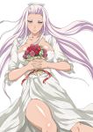  00s 1girl breasts dress female flower himiko_(ikkitousen) ikkitousen large_breasts long_hair official_art solo violet_eyes wedding_dress white_background 