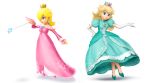  2girls alternate_color blonde_hair blue_eyes crown elbow_gloves gloves high_heels lips multiple_girls nail_polish nintendo official_art palette_swap photoshop princess_peach rosetta_(mario) simple_background super_mario_bros. super_mario_galaxy super_smash_bros. wand 