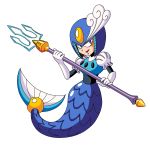  1girl blue_eyes looking_at_viewer mega_man_(series) mermaid monster_girl official_art robot simple_background splash_woman trident 