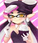  1girl aori_(splatoon) beauty_mark black_hair blush breasts chopsticks cleavage domino_mask earrings eating female food jewelry long_hair mask nintendo pointy_ears rice smile solo splatoon striped_background symbol-shaped_pupils tentacle_hair yellow_eyes 