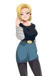  1girl adjusting_hair android_18 belt blonde_hair blue_eyes blush bob_cut breasts denim_skirt dragon_ball dragonball_z earrings female highres jewelry kyosu large_breasts leggings legs long_sleeves looking_at_viewer pantyhose pencil_skirt raglan_sleeves short_hair shueisha simple_background skirt smile solo standing striped_sleeves thighs white_background 