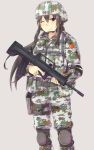  1girl assault_rifle ayyh black_eyes black_hair bullpen camouflage character_request chin_strap copyright_request female gun handgun helmet knee_pads long_hair md5_mismatch one_eye_closed people&#039;s_republic_of_china_flag pistol resized rifle simple_background solo thigh_holster trigger_discipline weapon wink 