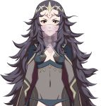  1girl brown_eyes covered_navel facial_mark fire_emblem fire_emblem_if forehead_mark long_hair messy_hair nyx_(fire_emblem_if) official_art simple_background solo tiara upper_body veil 