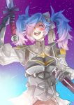  1girl armor blush bow breastplate closed_eyes fire_emblem fire_emblem_if gradient gradient_background hair_bow hair_over_one_eye happy open_mouth pieri_(fire_emblem_if) sheath shoulder_pads solo sword twintails two-tone_hair upper_body 