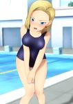  1girl absurdres android_18 blonde_hair blue_eyes blush breasts dragon_ball dragonball_z earrings female highres jewelry large_breasts leaning_forward legs looking_at_viewer open_mouth pool short_hair solo standing swimsuit thighs water yadokari_genpachirou 