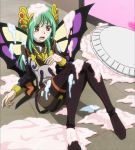  1girl anjou_tokoha bangs black_legwear blush boots brown_eyes cardfight!!_vanguard cardfight!!_vanguard_g cream full_body green_hair jewelry knee_boots long_hair long_sleeves necklace open_mouth pantyhose screencap sexually_suggestive sitting skirt solo stitched tagme 