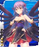  1girl bare_shoulders black_dress black_wings blush breasts cleavage detached_sleeves dress female gradient gradient_background hair_between_eyes hair_ornament hand_on_hip hands_on_hips highres homura_yuni japanese_clothes legs lilith-soft long_hair looking_at_viewer minasaki_(taimanin_asagi) naughty_face neck neck_ribbon orange_eyes purple_hair red_skirt ribbon skirt smile solo strapless strapless_dress taimanin_asagi taimanin_asagi_battle_arena wide_sleeves wings 