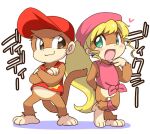  1boy 1girl :3 :o arm_behind_back barefoot baseball_cap beret blonde_hair blush bottomless brown_eyes chimpanzee couple crossed_arms diddy_kong dixie_kong donkey_kong_(series) donkey_kong_country_2 drill_hair earrings eromame feet furry green_eyes hat heart jewelry long_hair looking_at_another monkey monkey_tail nintendo no_humans open_mouth pink_hat ponytail rareware red_hat shiny shiny_hair shy simple_background smile standing tail text toes translated twin_drills white_background 